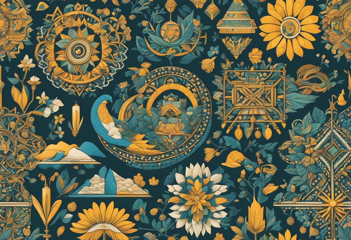 A colorful array of traditional Slovenian symbols and motifs, including nature-inspired elements and geometric patterns, create a vibrant and diverse collection of potential name ideas