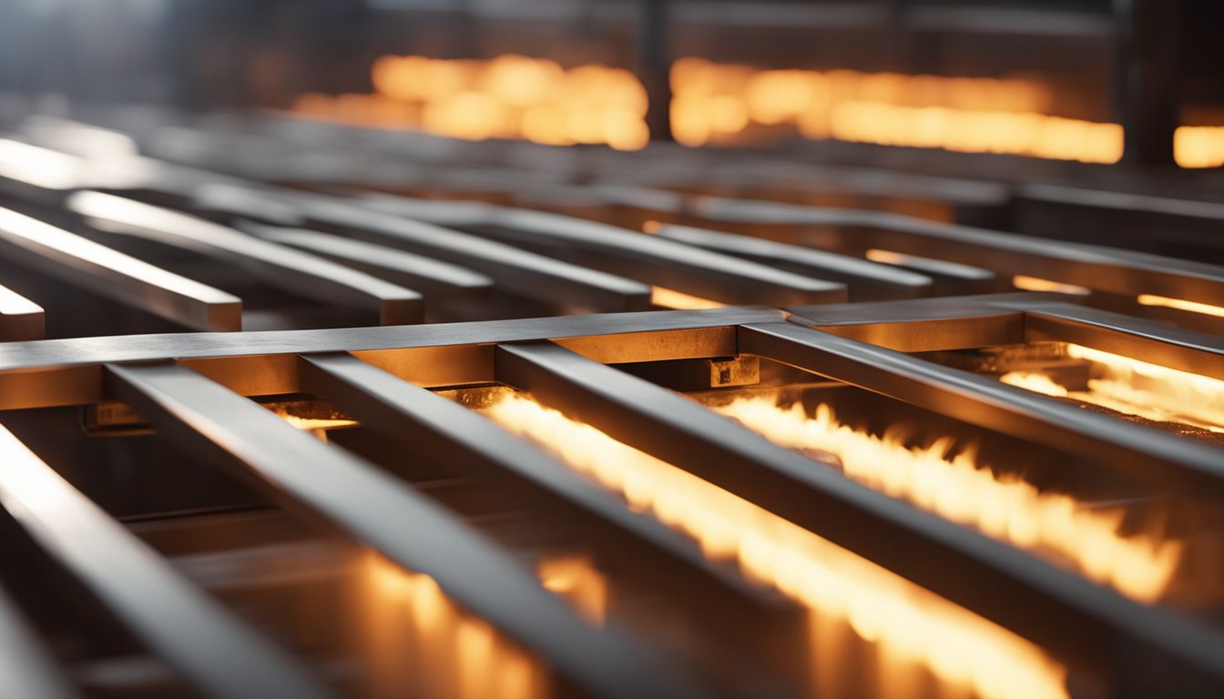 Metal beams move through glowing furnace, transferring heat