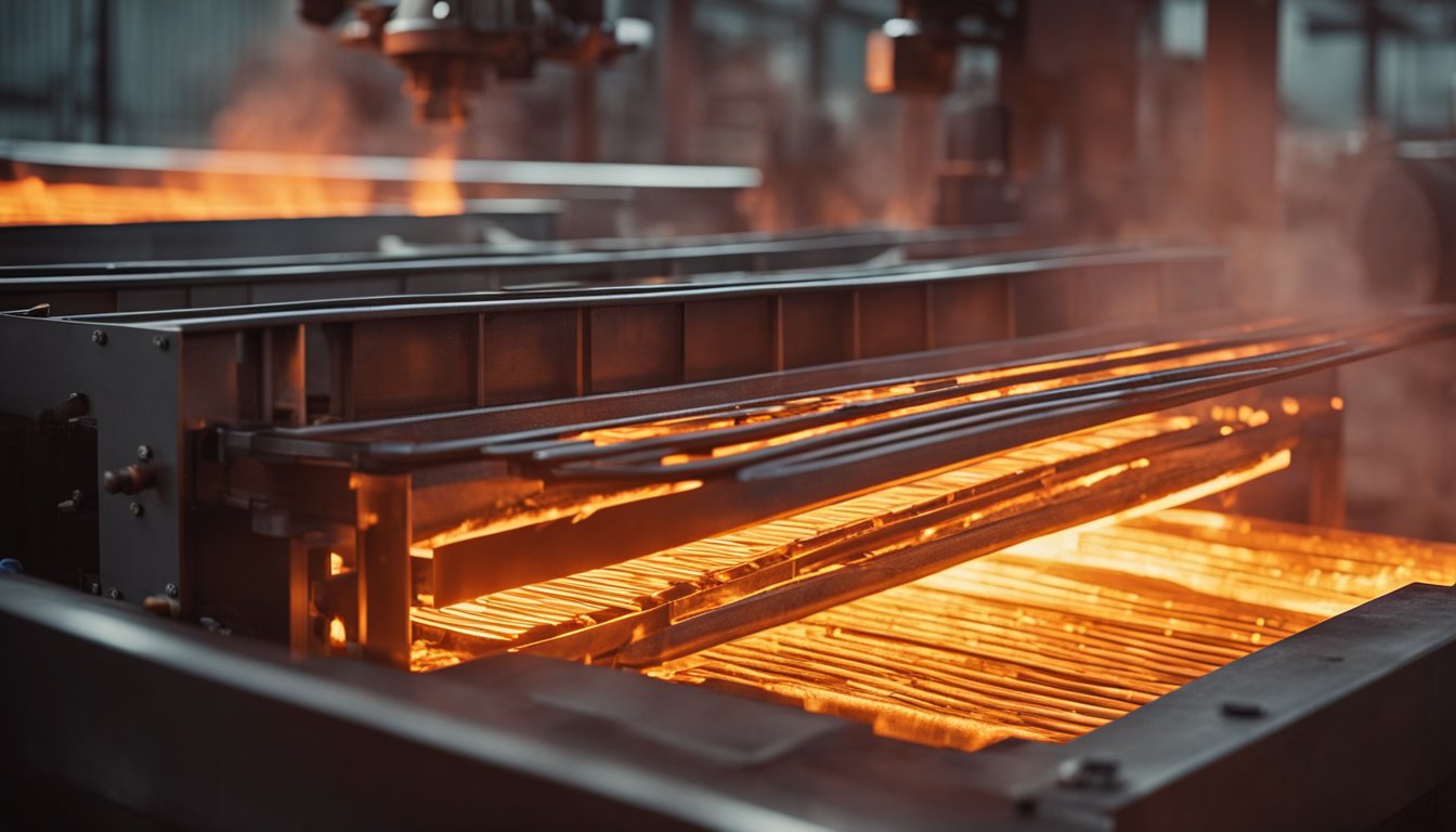 A walking beam type reheating furnace with glowing red-hot metal bars moving along the conveyor belt. Flames and heat radiating from the furnace