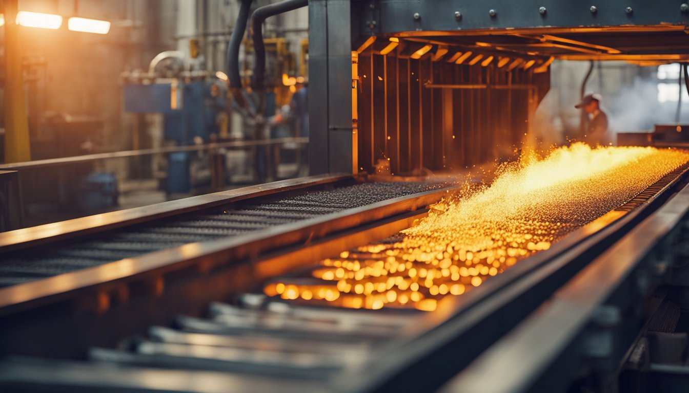 A walking beam furnace with glowing metal moving along the conveyor, flames and heat radiating from the furnace, and workers tending to the machinery