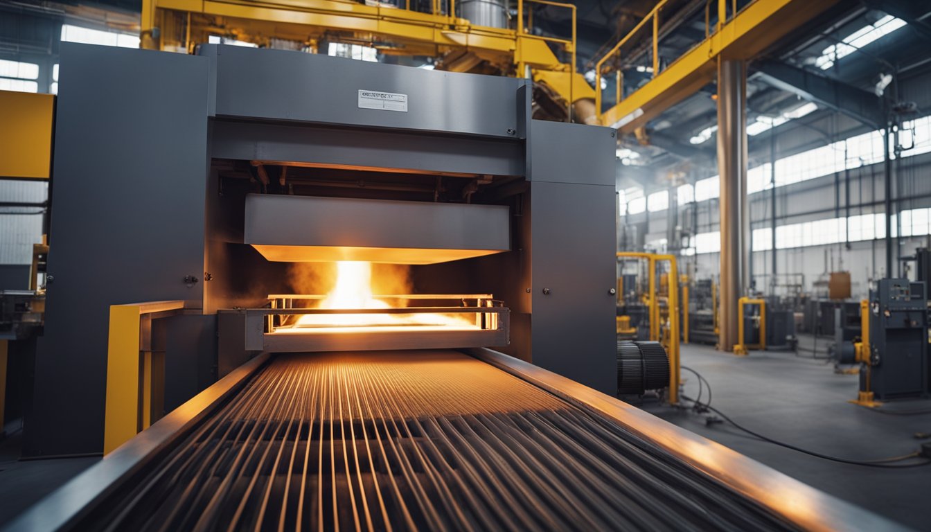 A walking beam furnace with horizontal moving beams, heating metal slabs on a conveyor belt, with a controlled atmosphere and uniform heat distribution