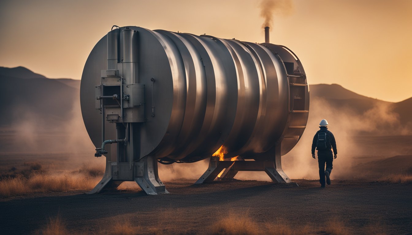 A large, metallic furnace with legs, walking confidently through a fiery landscape