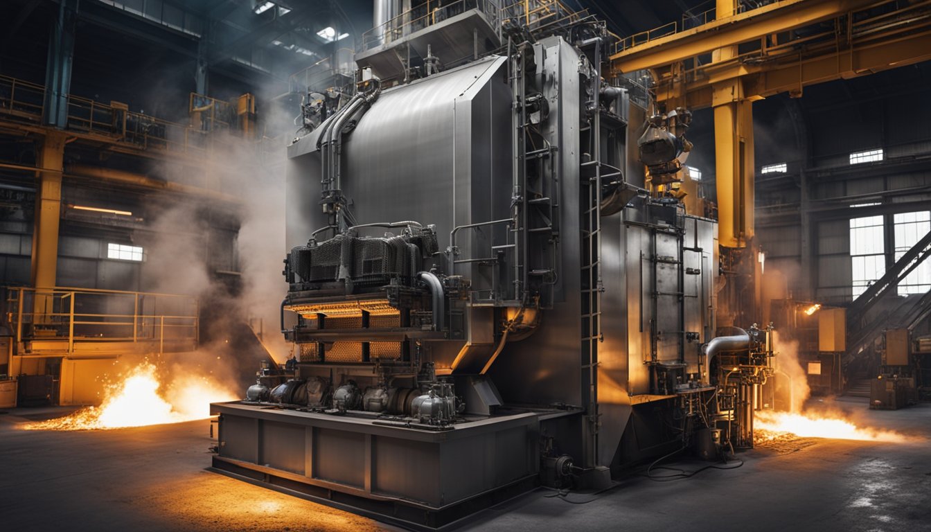 A 30-ton aluminum melting furnace roars with intense heat, surrounded by industrial machinery and glowing metal