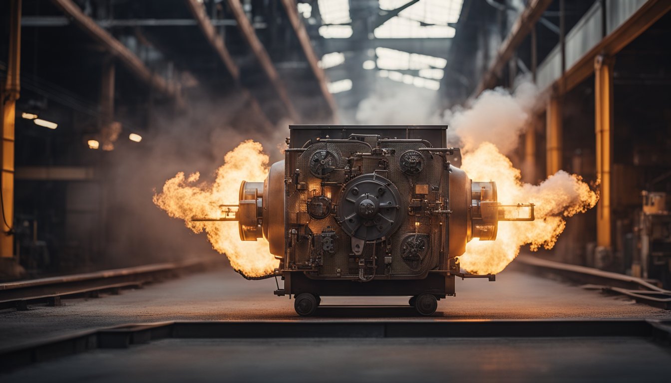 A walking furnace with intricate components moves through a fiery industrial setting