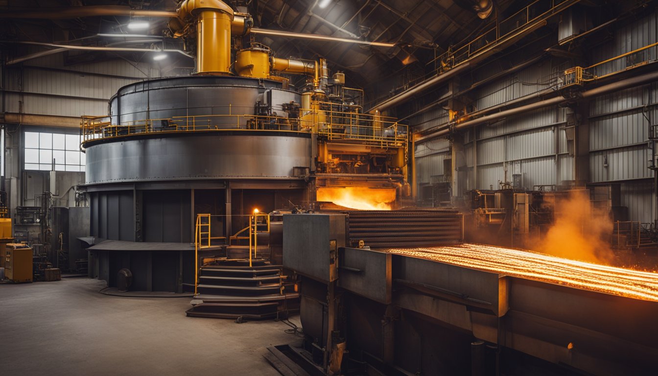 A 30-ton aluminum melting furnace in action, with molten metal flowing and industrial machinery at work