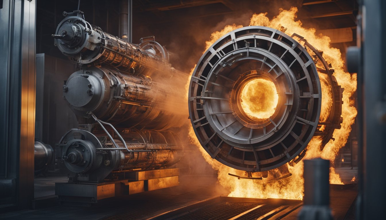 A massive walking furnace belches flames as it moves, its mechanical limbs clanking and whirring with each step