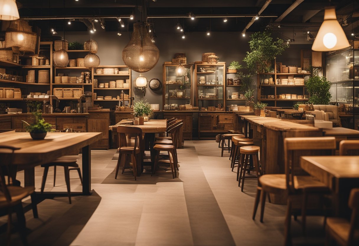 A cozy rustic furniture store in Singapore, with wooden tables and chairs, vintage cabinets, and warm lighting