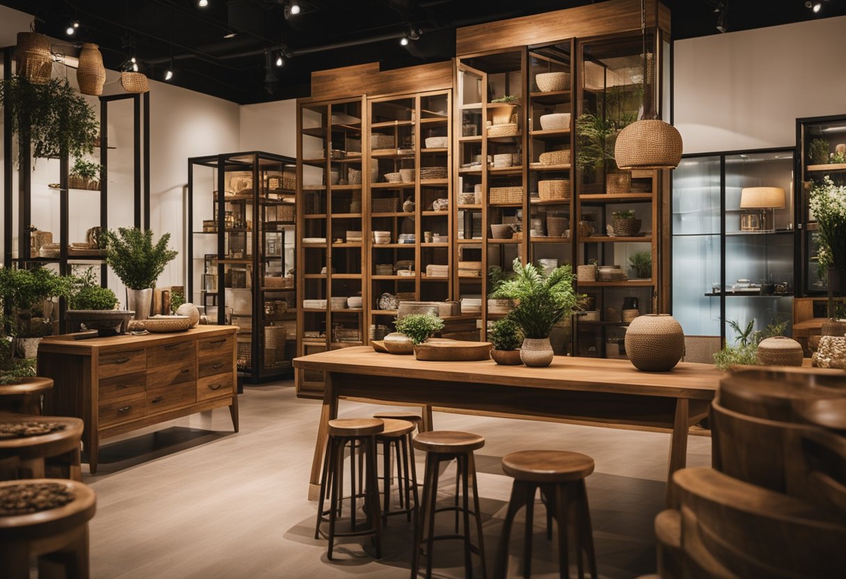A cozy Singapore showroom displays a variety of rustic furniture styles, with warm wood tones and intricate detailing