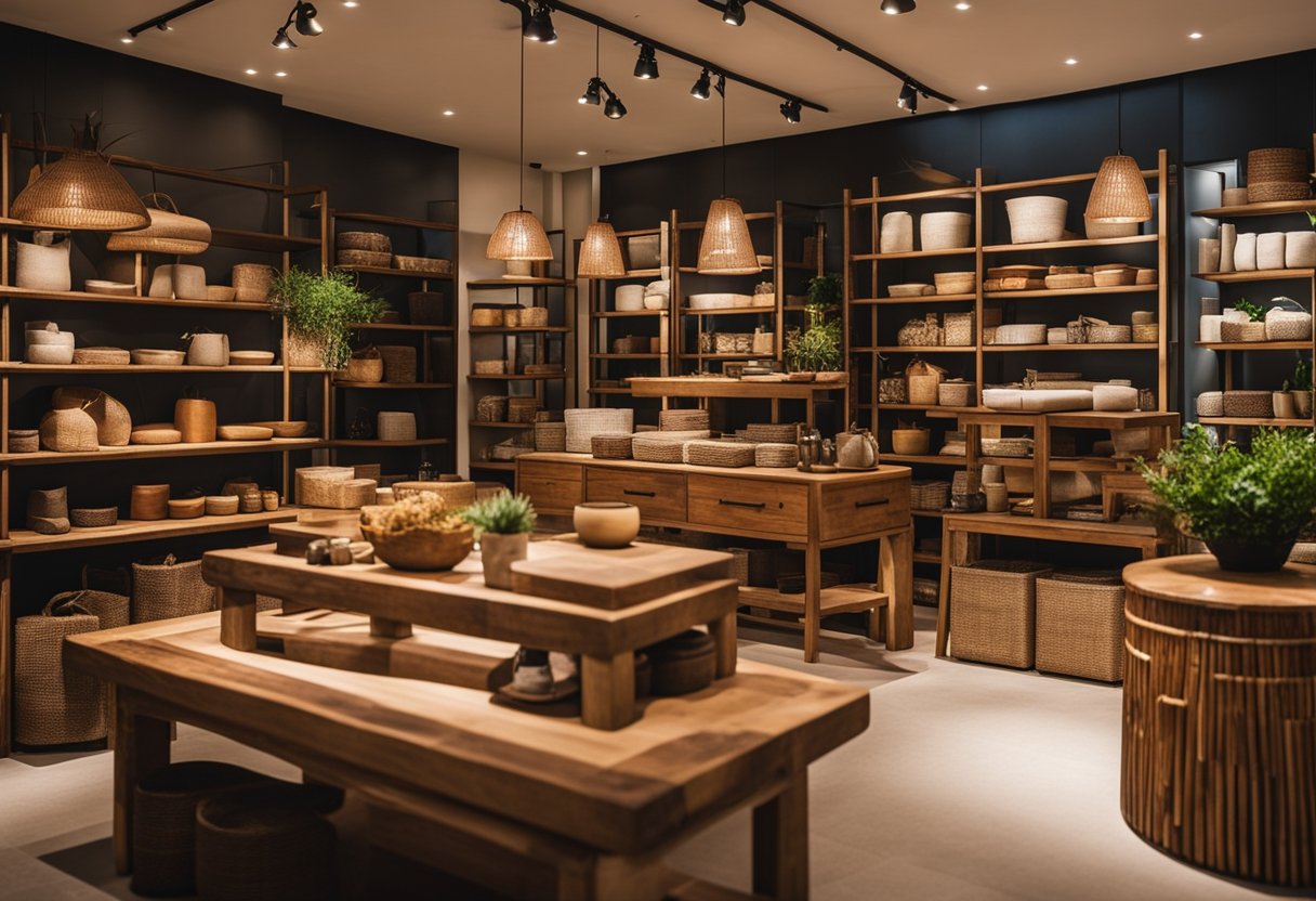 A cozy shop in Singapore displays handcrafted rustic furniture, with warm wood tones and natural textures, creating an inviting atmosphere
