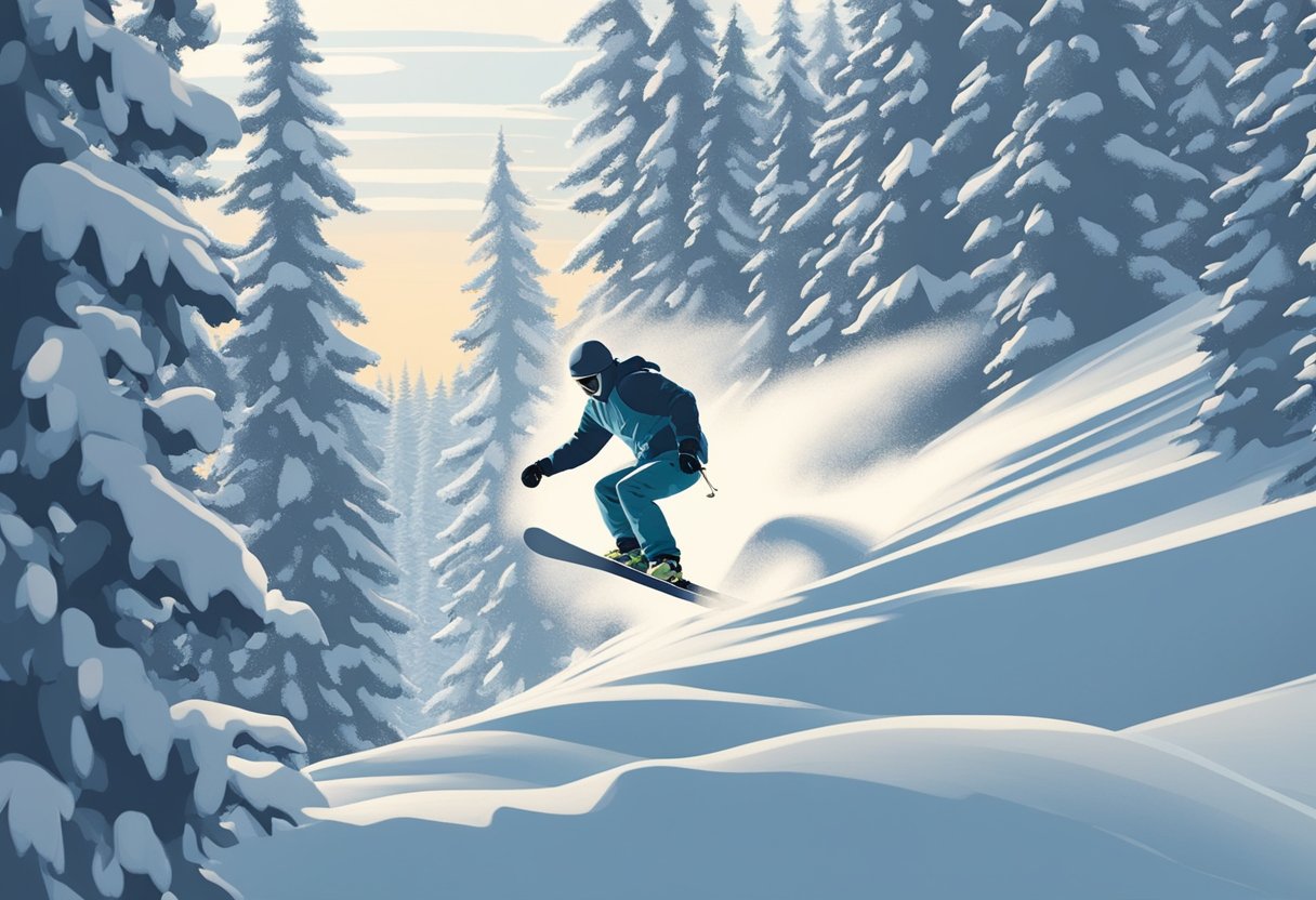 A snowboarder carves through fresh powder, surrounded by a forest of snow-covered trees. The crisp air and serene landscape create a peaceful and exhilarating experience