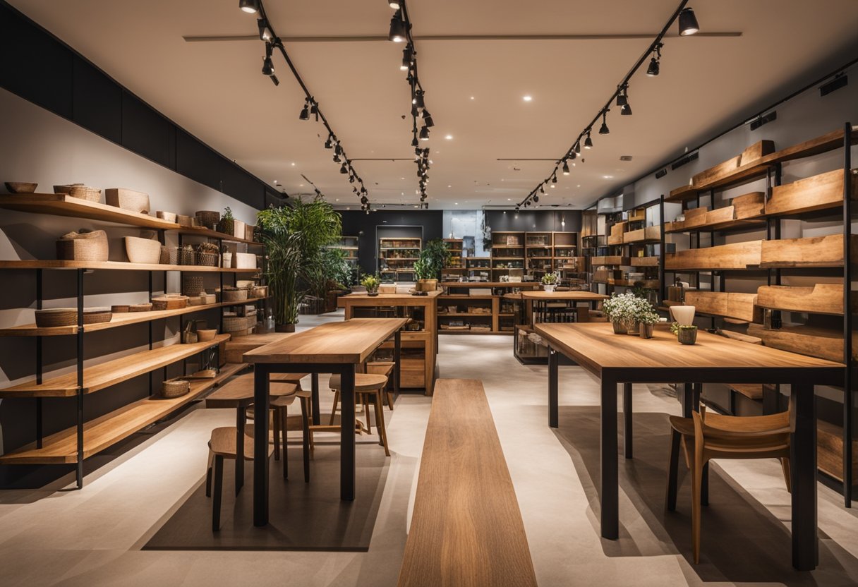 A rustic furniture showroom in Singapore, with wooden tables, chairs, and shelves on display. Customers browsing and asking questions to staff