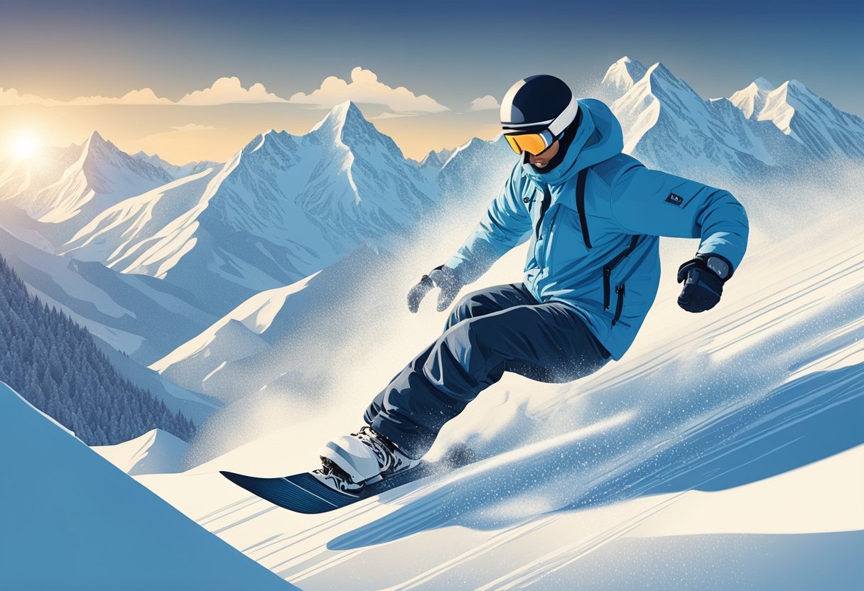 A snowboarder carving through fresh powder, with snow-capped mountains in the background