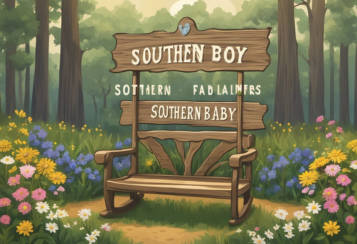A rustic wooden sign with "Southern Boy Baby Names" painted in bold letters, surrounded by vibrant wildflowers and a charming old-fashioned rocking chair