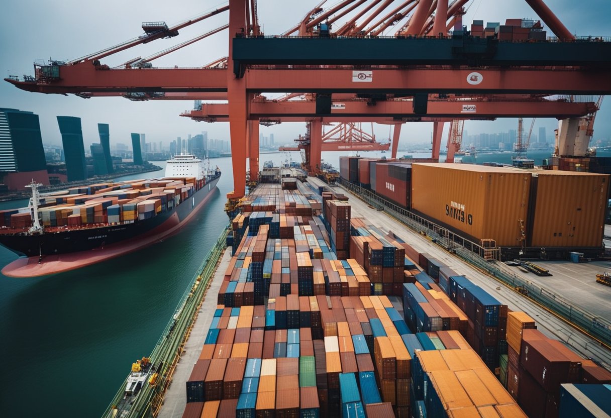 Furniture being loaded onto a cargo ship in Singapore, destined for Australia. Cranes and workers carefully securing items for the long journey overseas