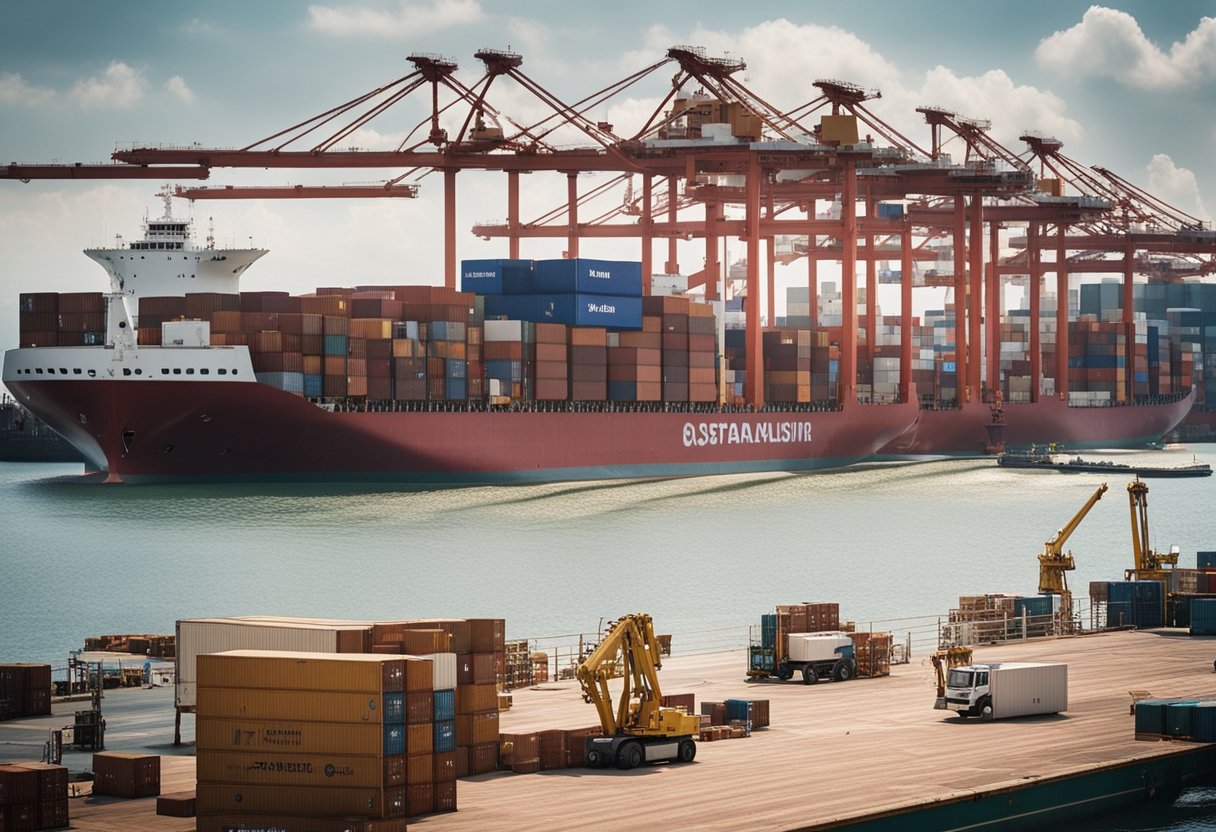 A cargo ship loaded with furniture sails from Singapore to Australia. Cranes hoist containers onto the deck, while workers secure the cargo for the journey