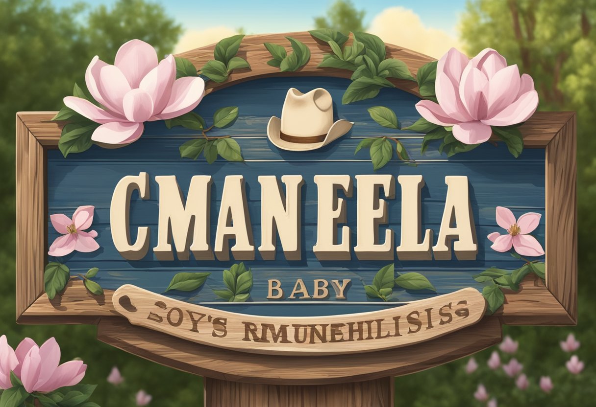 A rustic wooden sign with "Southern Boy Baby Names" painted in bold letters, surrounded by magnolia blossoms and a cowboy hat