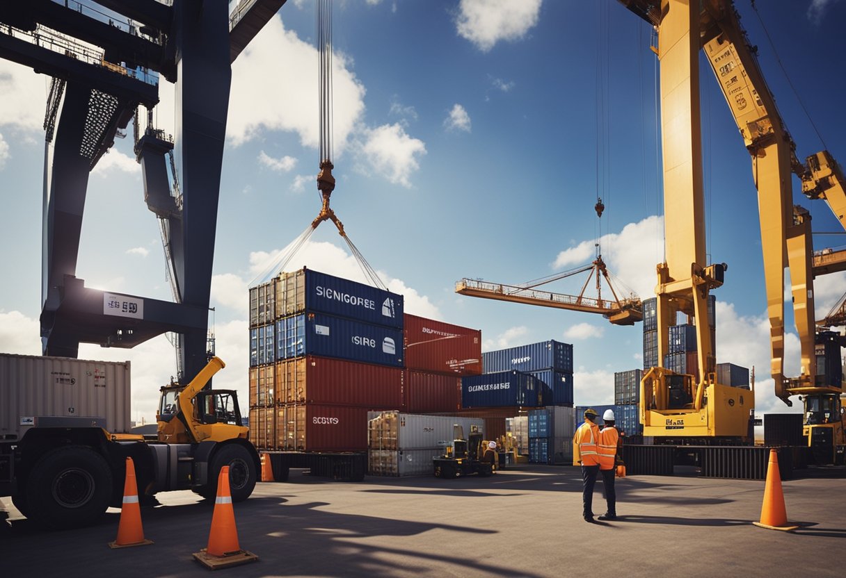 A large shipping container labeled "Singapore to Australia" being loaded onto a cargo ship at the port, surrounded by workers and forklifts