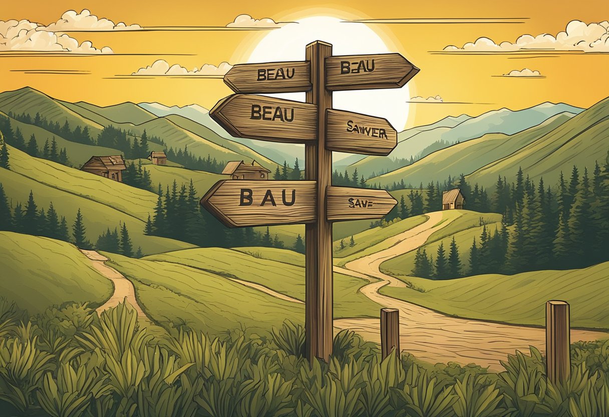 A rustic wooden signpost with hand-painted names like "Beau," "Wyatt," and "Sawyer" against a backdrop of rolling hills and a setting sun