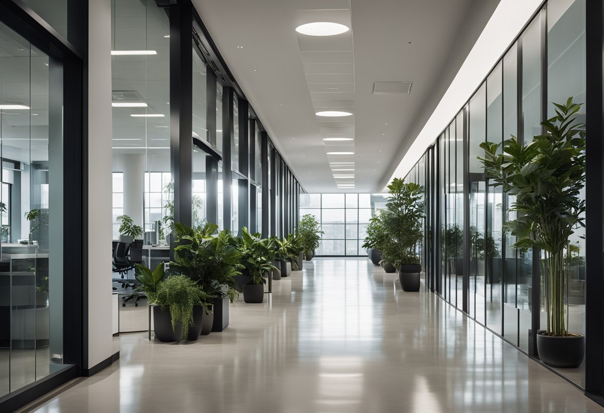 A sleek office hallway with modern lighting, clean lines, and minimalist decor. Glass walls reveal bustling workspaces, while potted plants add a touch of greenery