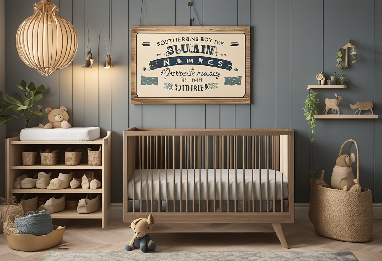 A rustic wooden sign hangs above a cozy, country-themed nursery. It reads "Tips For Brainstorming The Perfect Name: Southern Boy Baby Names."