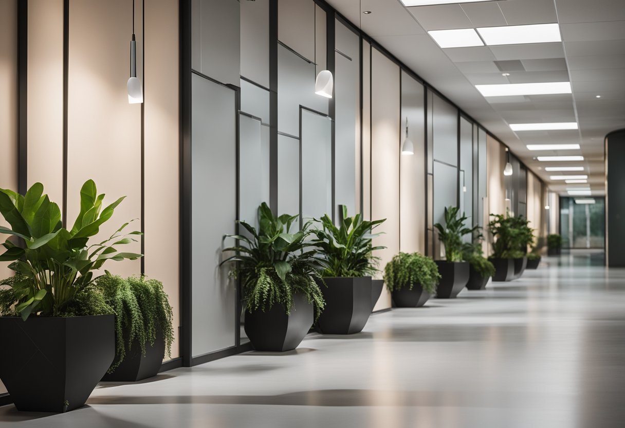 The office hallway is bright and spacious, with sleek modern lighting and geometric patterns on the walls. Plants line the corridor, creating a fresh and inviting atmosphere