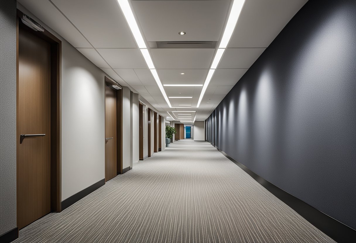 The office hallway features sleek, modern lighting and clean, straight lines. The walls are adorned with minimalist artwork, and the floor is covered in durable, low-maintenance carpeting