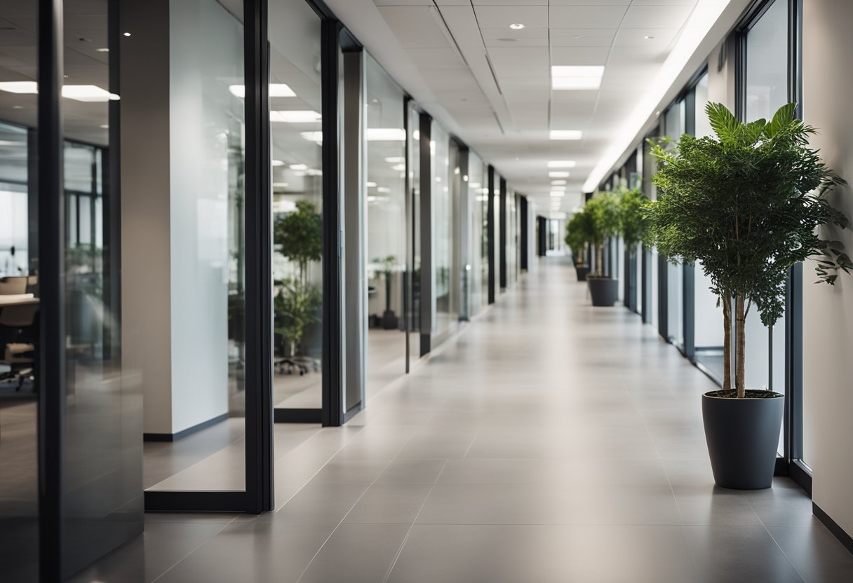 A modern office hallway with sleek, minimalist design. Neutral color palette, clean lines, and contemporary lighting fixtures. Open plan with glass partitions and potted plants