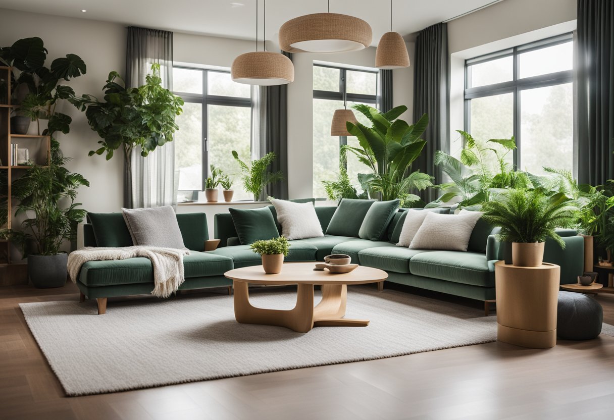A cozy living room with modern furniture, soft lighting, and lush green plants. The space exudes comfort and relaxation, with clean lines and a minimalist design