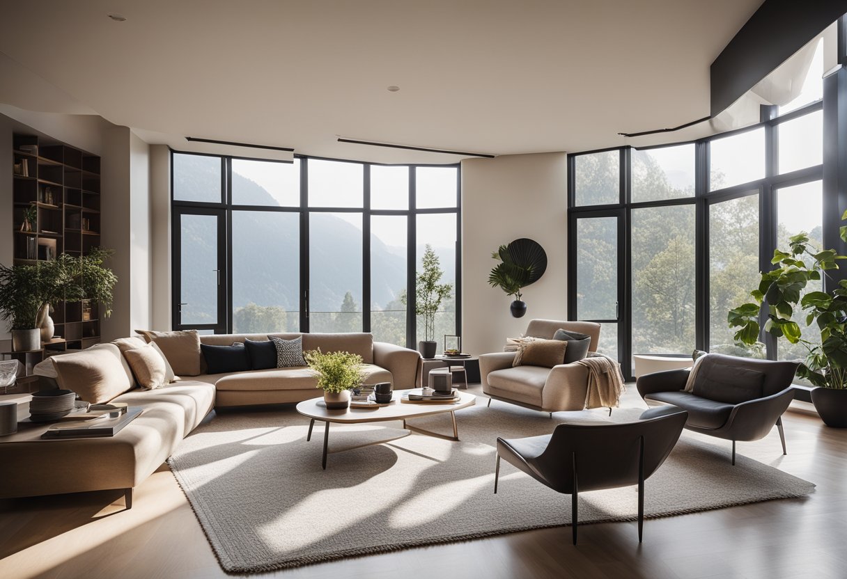 A cozy living room with modern, minimalist furniture. Natural light streams in through large windows, casting a warm glow on the sleek, clean lines of the decor