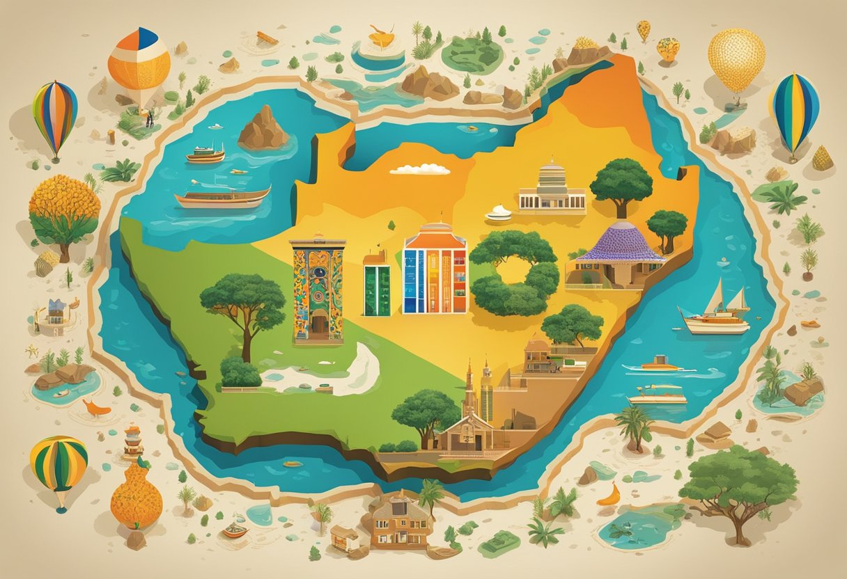 A colorful map of South Africa surrounded by traditional African patterns and symbols, with the words "Name Ideas" written in bold, vibrant letters