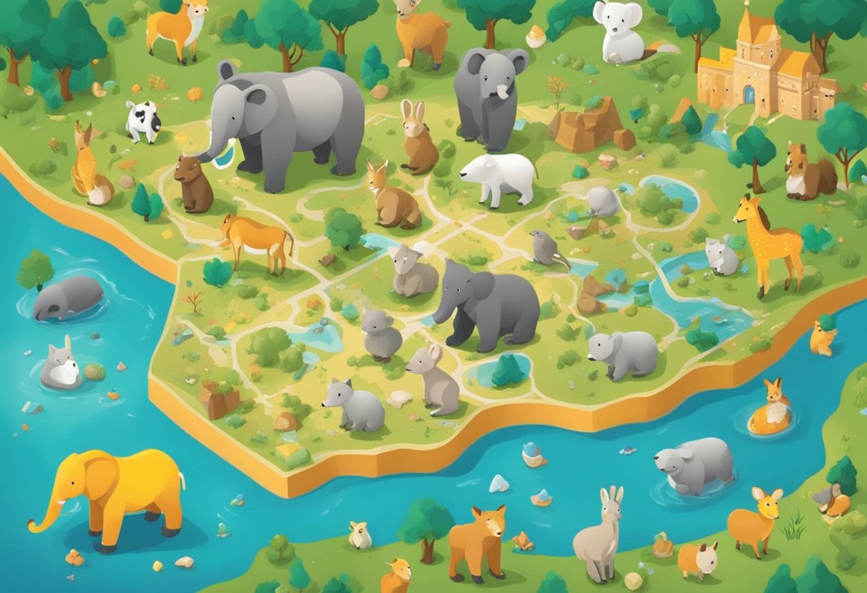 A colorful map of South Africa with baby-themed elements scattered around, such as pacifiers, rattles, and baby animals