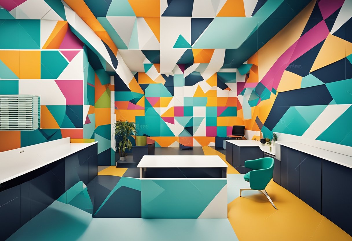 A vibrant office mural design featuring geometric shapes and bold colors, with a central focal point and abstract patterns branching out from it