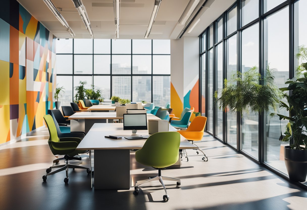 A bright, modern office space with clean lines and open windows. Colorful, abstract shapes and patterns cover the walls, creating a vibrant and inspiring atmosphere