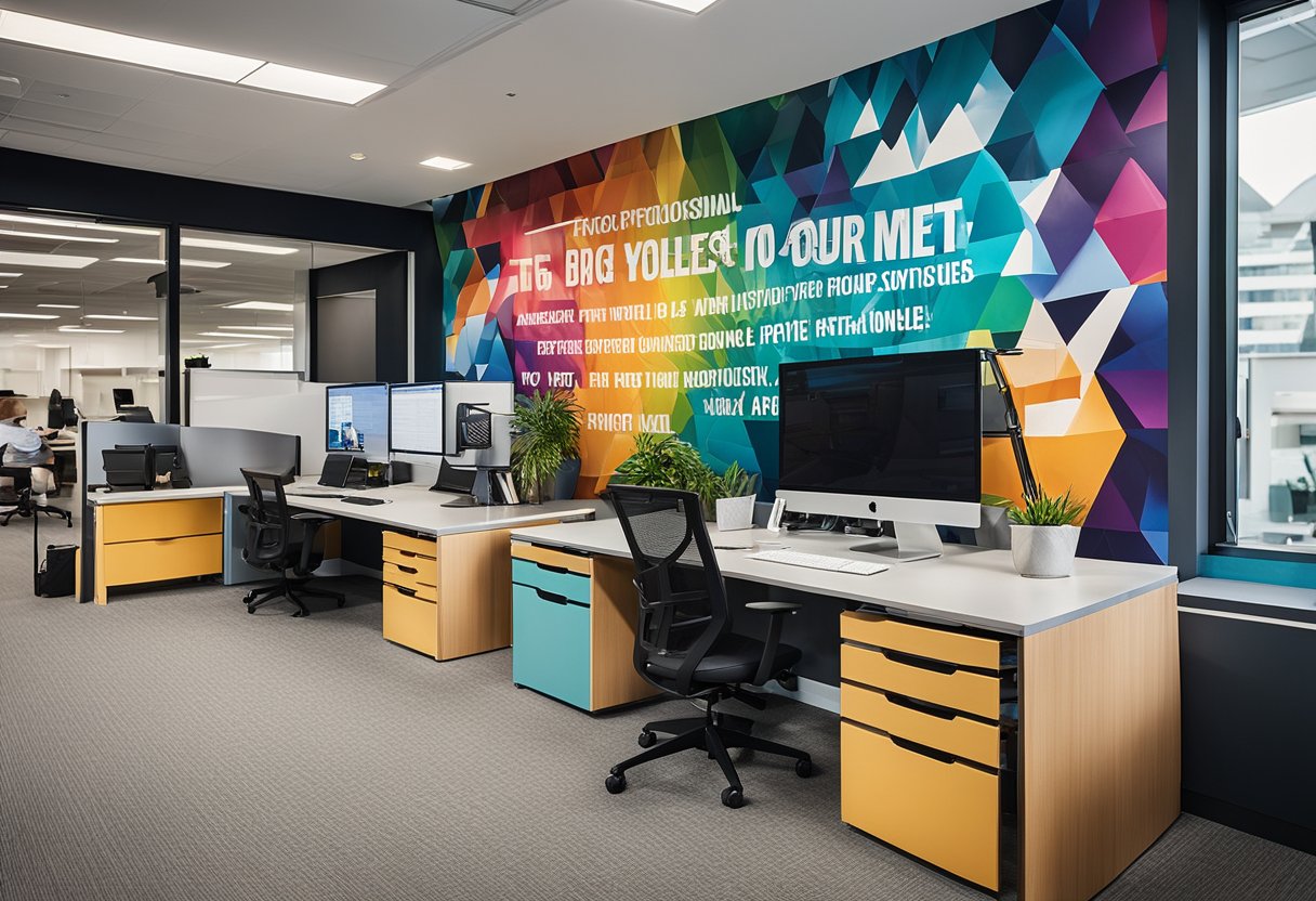 A vibrant office mural showcases diverse employees collaborating in a modern workspace, surrounded by motivational quotes and vibrant colors
