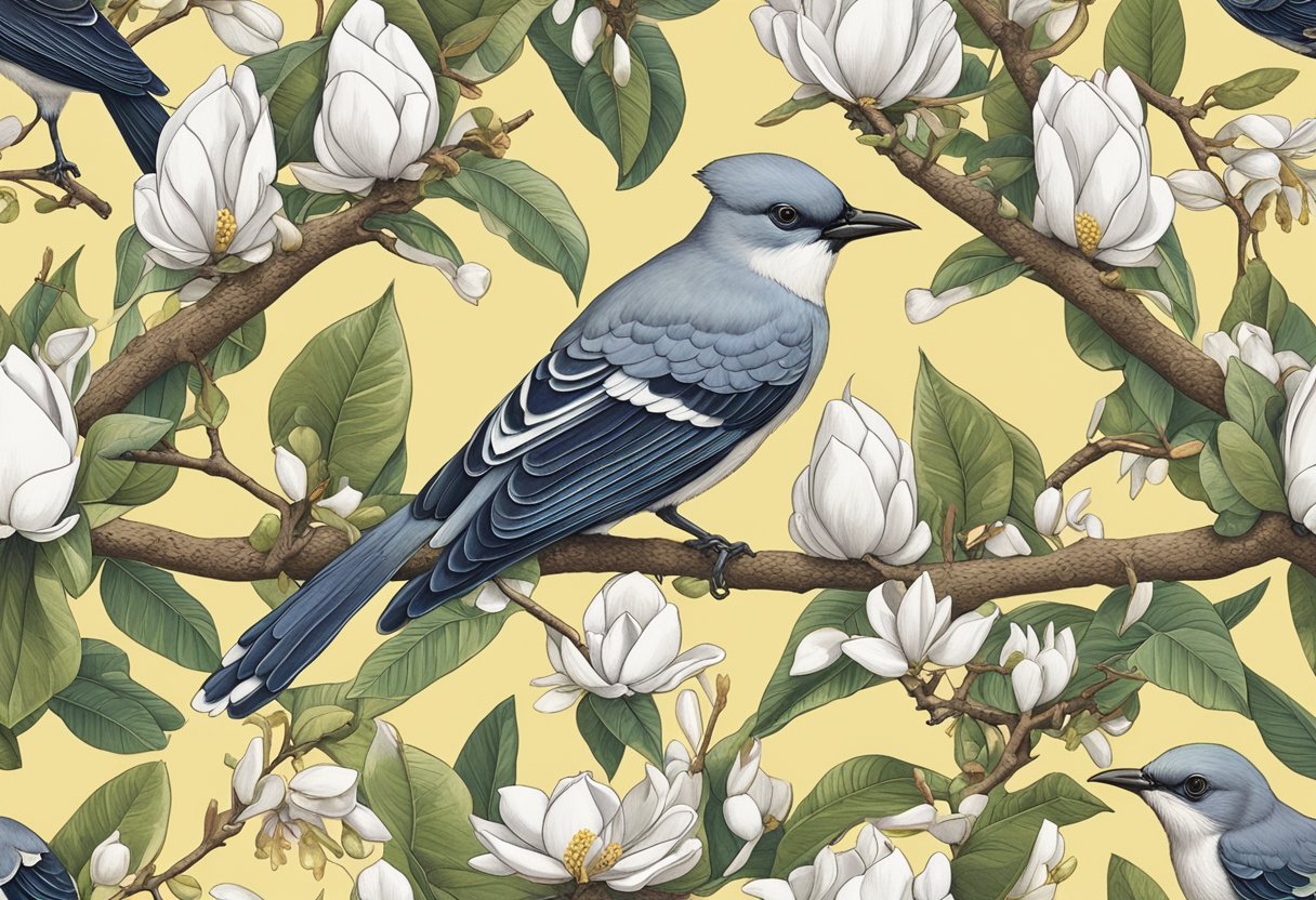 A colorful array of nature-inspired objects and animals, like magnolias and mockingbirds, surround a list of unique southern baby names