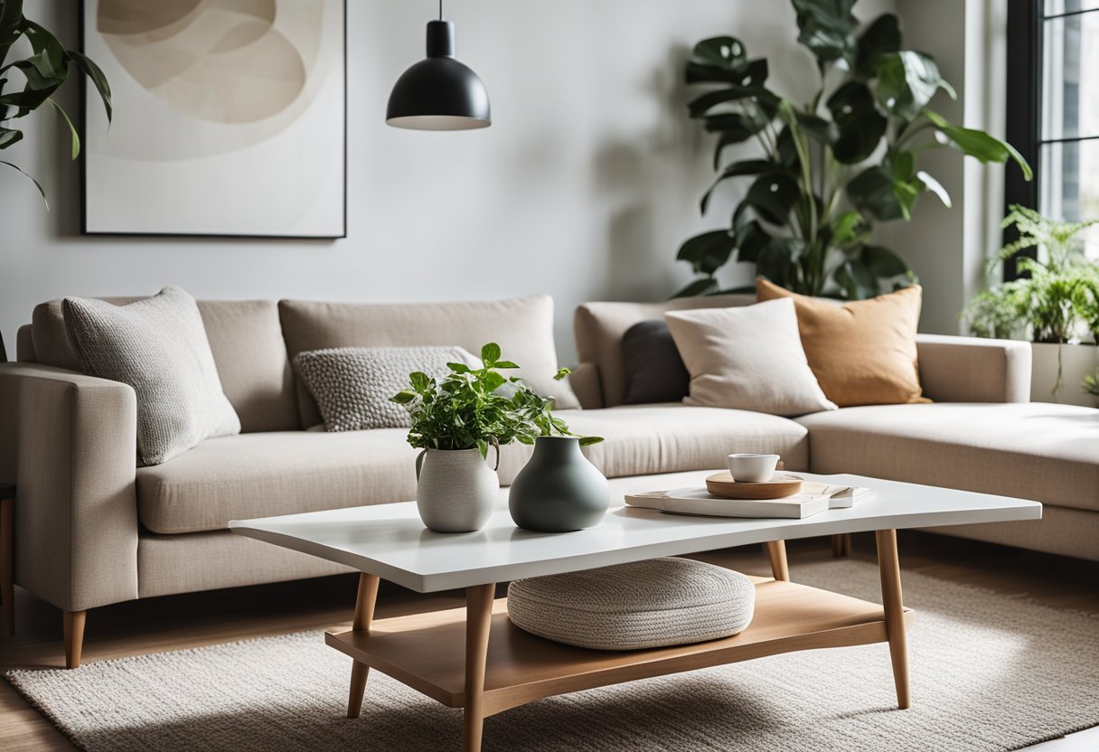 A cozy living room with modern furniture, a sleek sofa, and a stylish coffee table. The room is bathed in natural light, with plants adding a touch of greenery