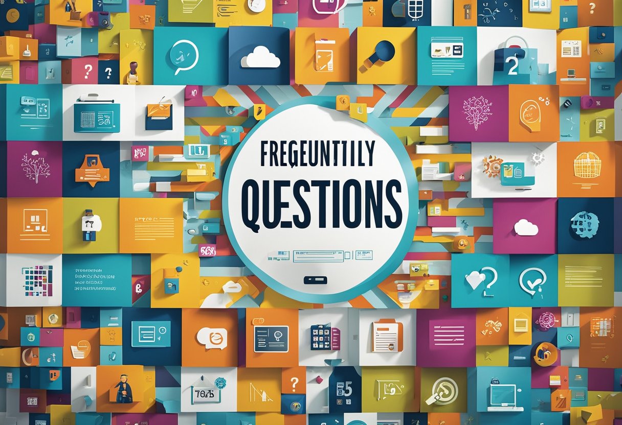 A colorful office mural with large, bold text reading "Frequently Asked Questions" surrounded by various icons and symbols representing different topics