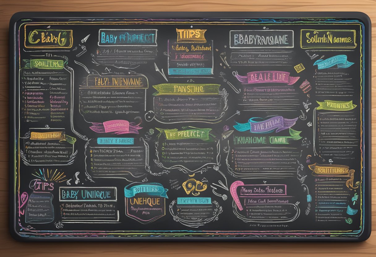 A colorful chalkboard with "Tips For Brainstorming The Perfect Name" and a list of southern unique baby names in playful fonts