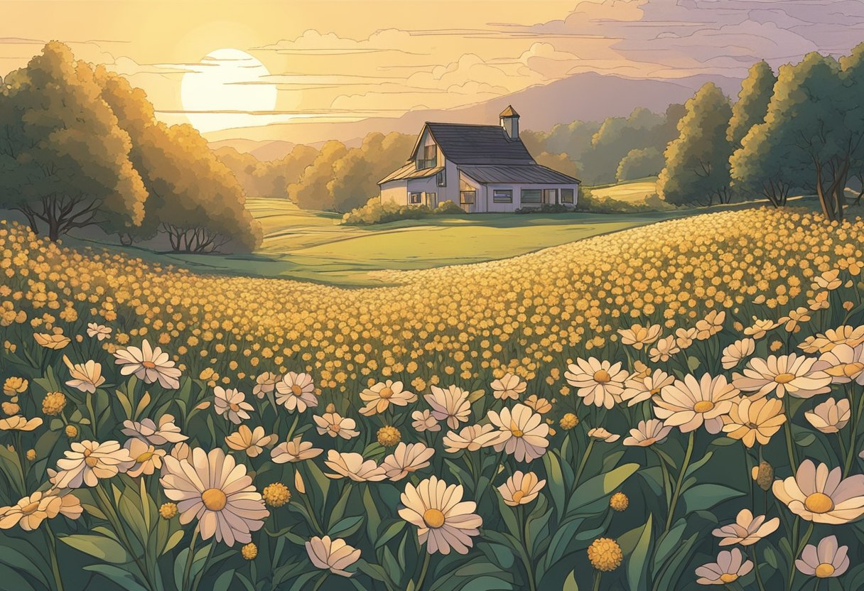 A gentle breeze rustles through a field of delicate flowers, their soft petals swaying in the wind. The sun casts a warm glow, creating a peaceful and serene atmosphere