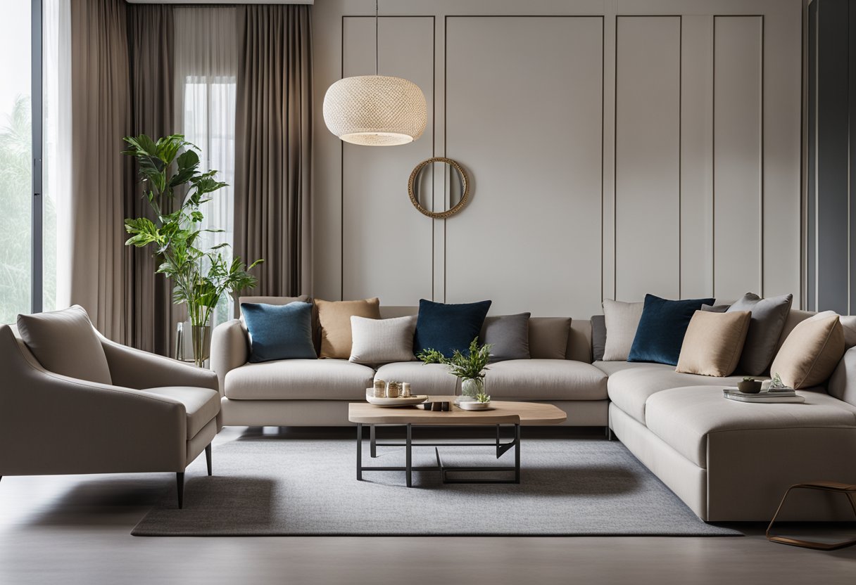 A modern living room with sleek, minimalist furniture from Star Furniture Singapore. Clean lines, neutral tones, and a cozy yet sophisticated ambiance