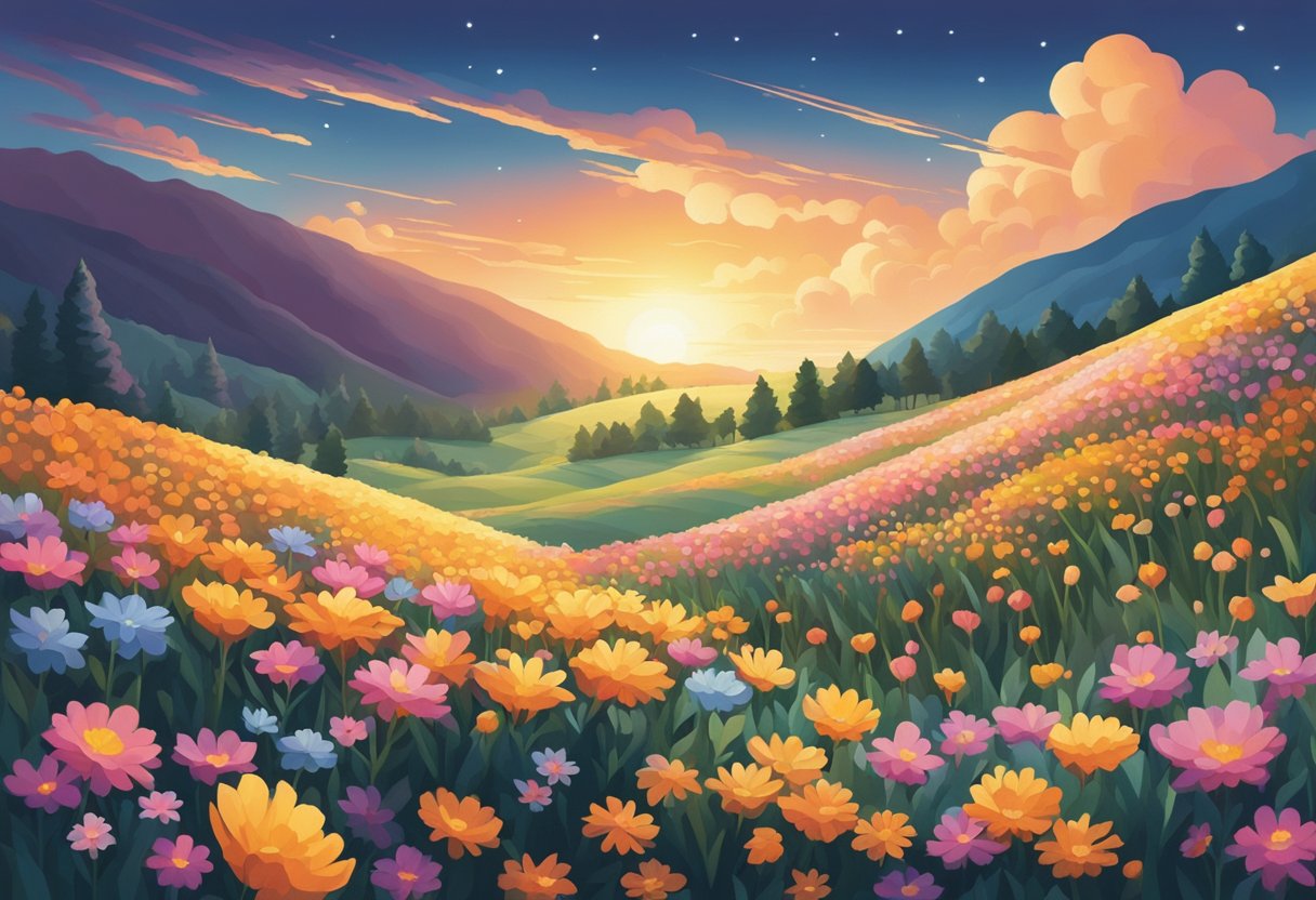 A gentle breeze rustles through a field of colorful flowers, as a soft, warm glow illuminates the scene, evoking a sense of tenderness and tranquility