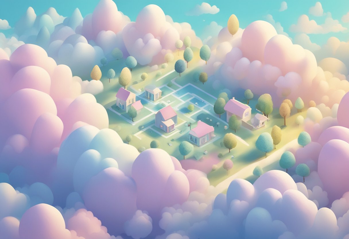 Soft baby names floating in fluffy clouds, surrounded by pastel colors and gentle breezes