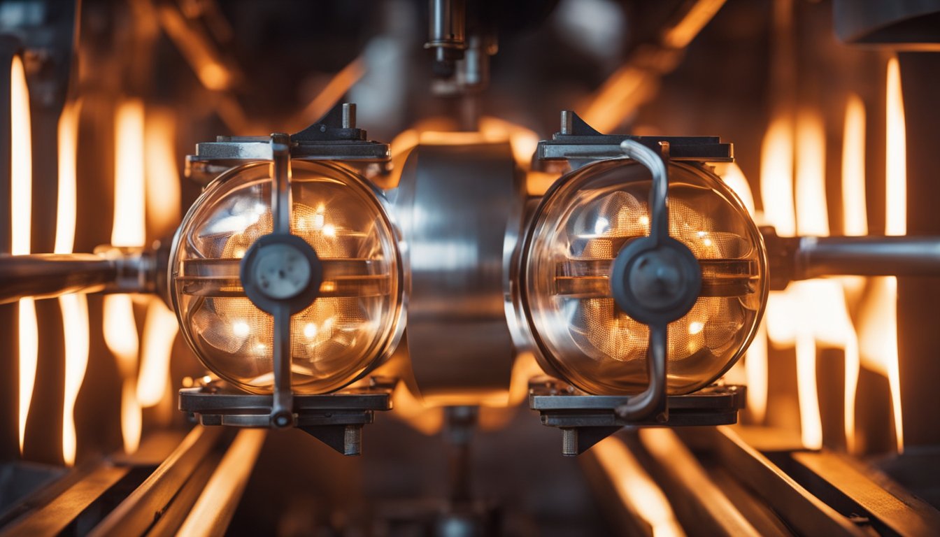 A gas-fired annealing furnace glows orange, with flames licking the metal interior. The heat radiates out, distorting the air around it