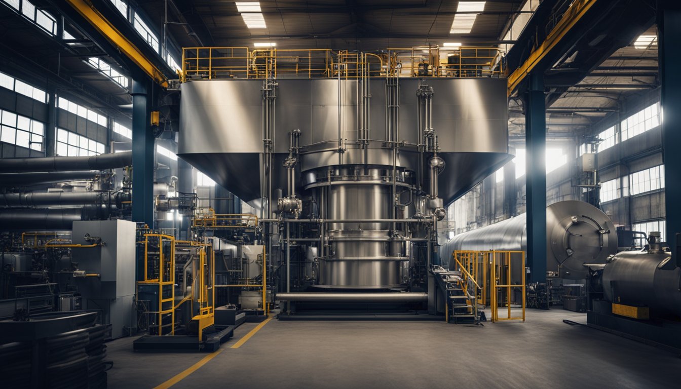 The gas-fired annealing furnace is surrounded by industrial machinery, with pipes and vents releasing heat. The furnace has a large door and control panel