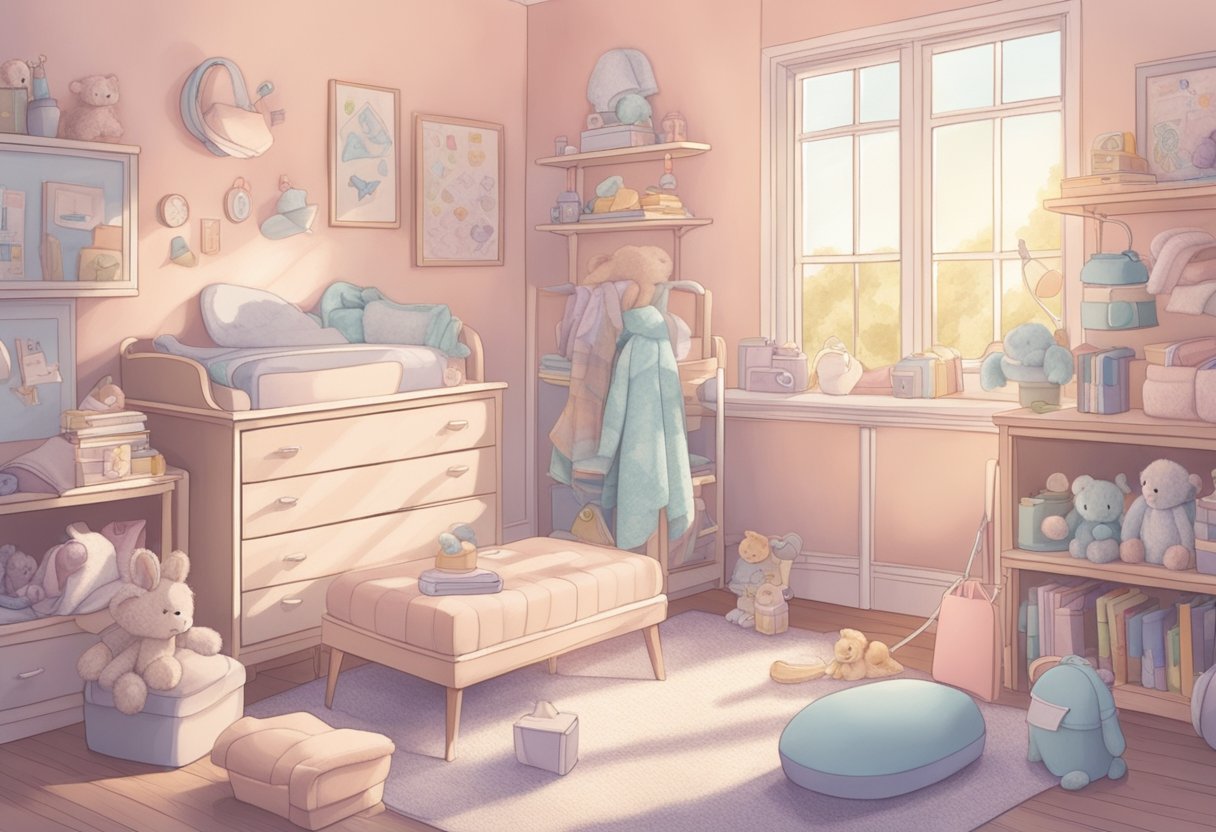 Soft, pastel-colored baby items scattered around a cozy, sunlit room, with a notebook and pen for brainstorming