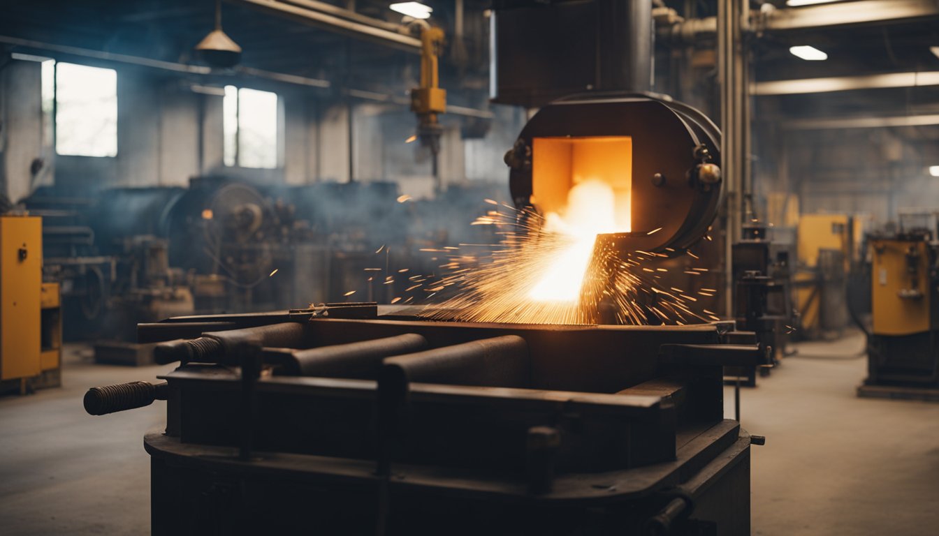 A gas-fired forging furnace roars to life, casting a warm glow over the workshop. The intense heat radiates from the open door, illuminating the tools and machinery nearby