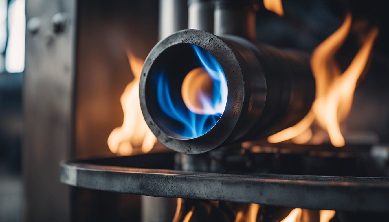 A coal gas furnace burns with a steady blue flame, casting a warm glow over the surrounding metal grates and pipes. Smoke billows out of the chimney, creating a hazy atmosphere