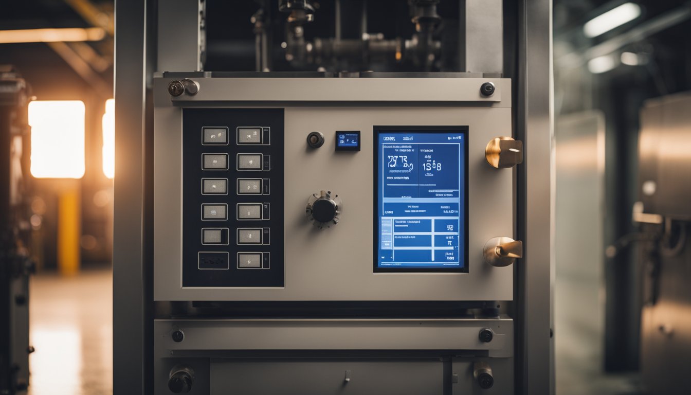 A gas-fired annealing furnace in operation, flames roaring inside, heat radiating from the open door, and a control panel displaying temperature and pressure readings