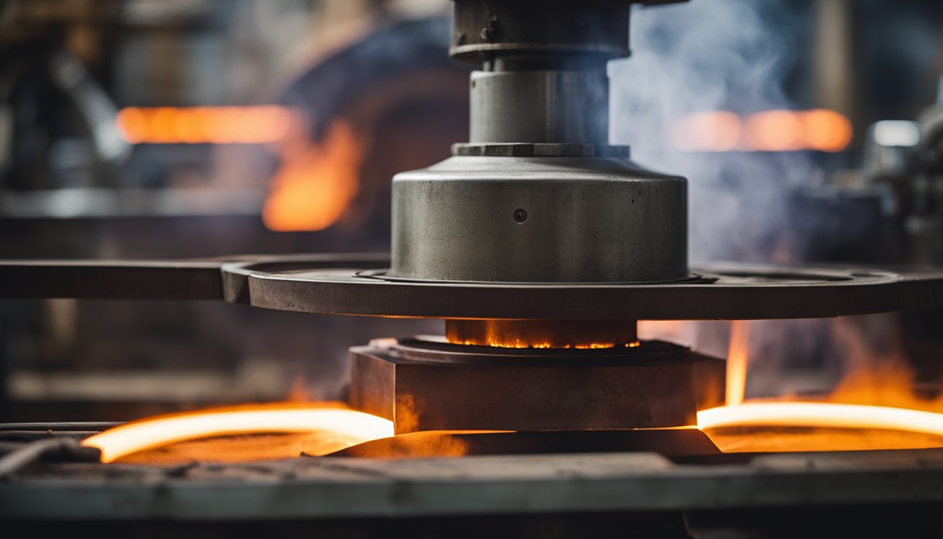 A gas-fired forging furnace glows red-hot, with flames licking the metal. The heat radiates, casting a warm glow on the surrounding machinery and tools