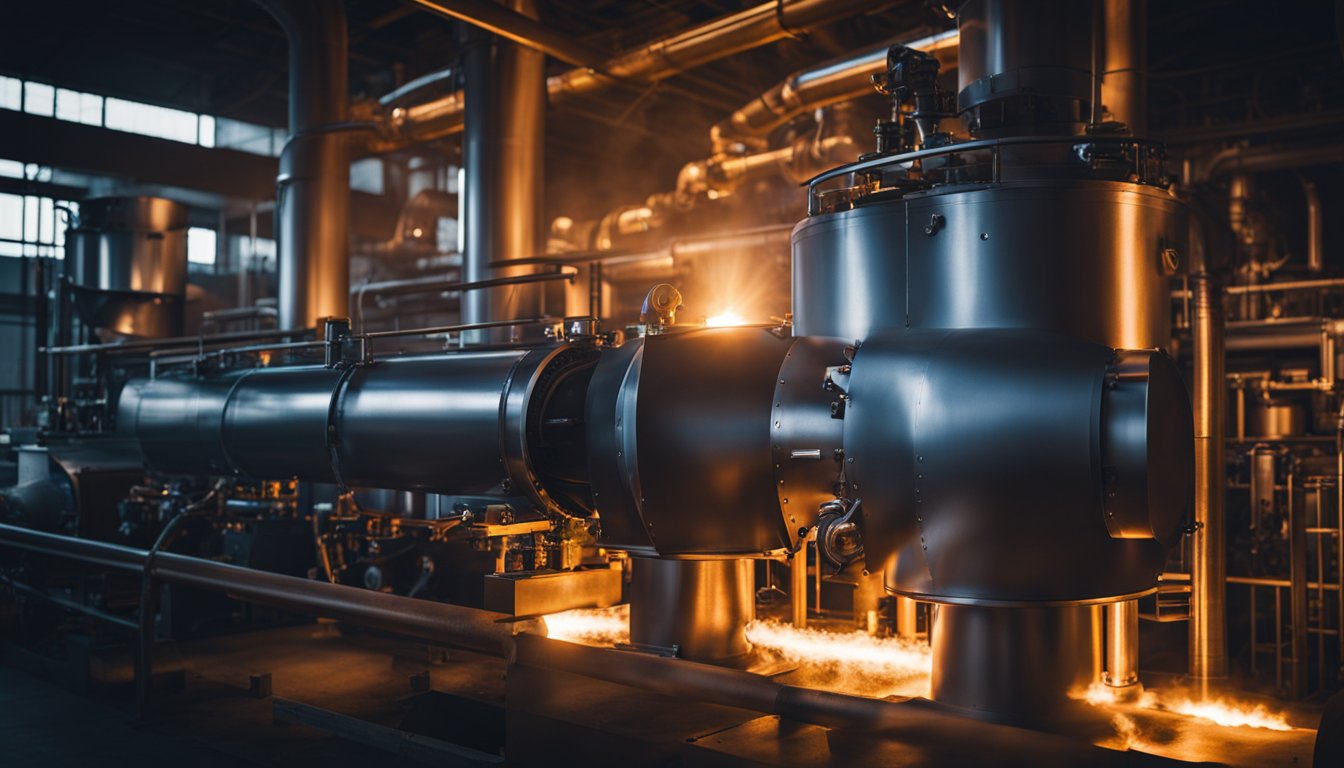 A coal gas furnace burns brightly, emitting heat and light in a dark room, surrounded by piping and machinery